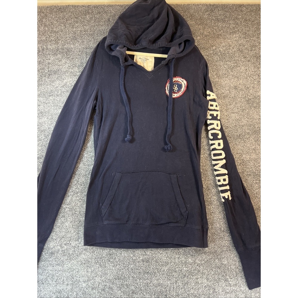 Vintage Abercrombie & Fitch Navy Blue Y2K Hoodie - Spellout Sleeve - Size M